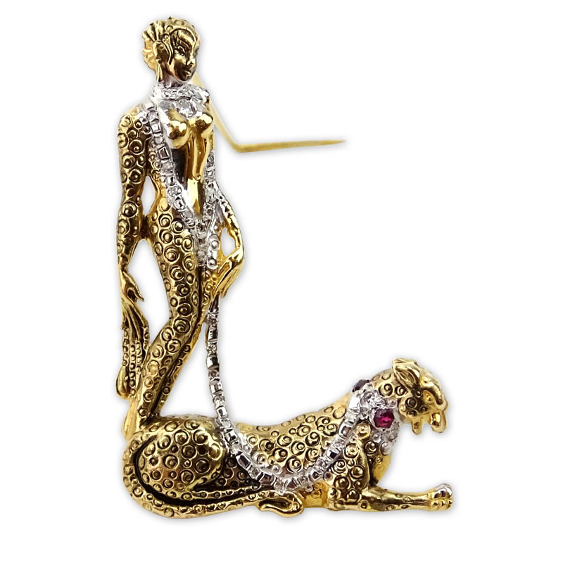 Erte, French (1892-1990) Vintage 14 Karat Yellow Gold, Diamond and Ruby "L" Pendant Brooch