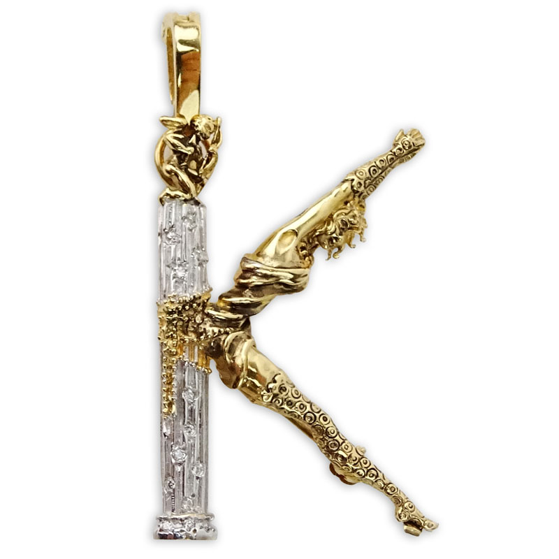 Erte, French (1892-1990) Vintage 14 Karat Yellow Gold, Diamond and Ruby "K" Pendant Brooch