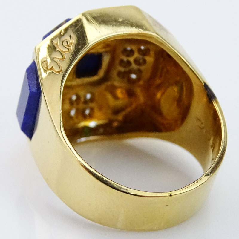 Erte, French (1892-1990) Vintage 14 Karat Yellow Gold, Diamond and Lapis Lazuli "Le Secret" Ring