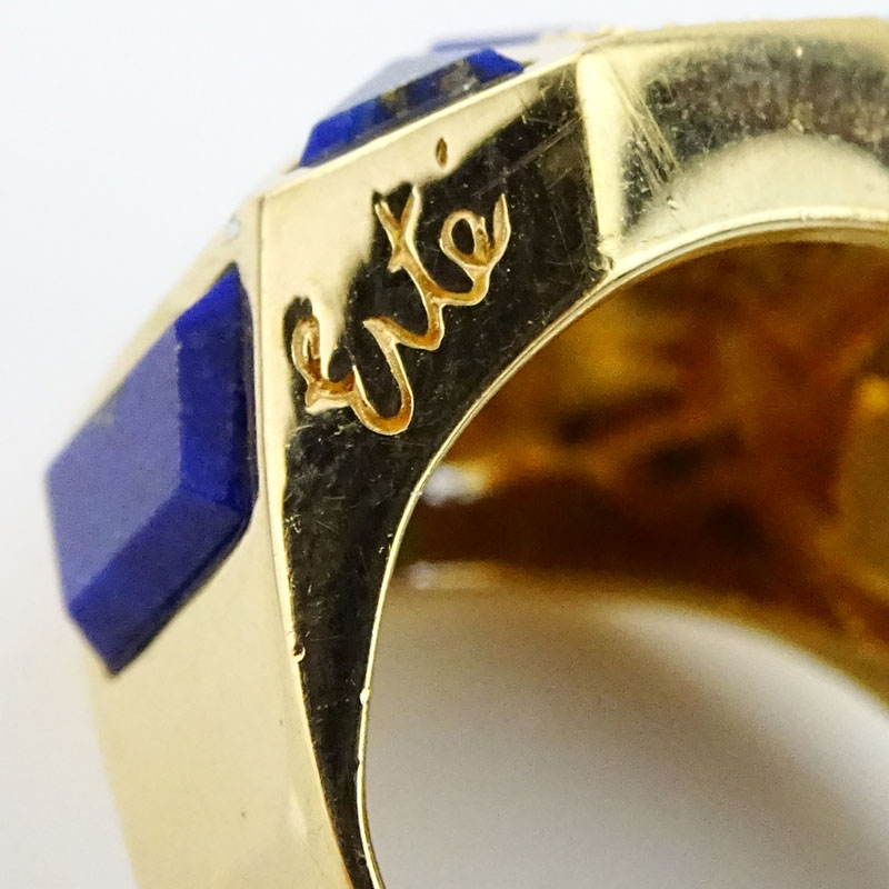 Erte, French (1892-1990) Vintage 14 Karat Yellow Gold, Diamond and Lapis Lazuli "Le Secret" Ring