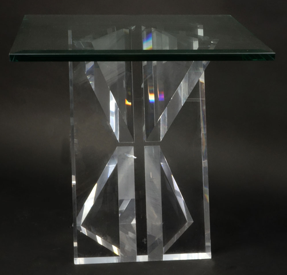 Modern Geometric Lucite End Table with Beveled Glass Top.