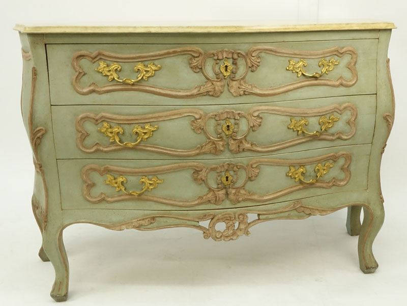 Pair of Louis XV Style Bronze Mounted Hand Painted Bombe 3 Drawer Commodes. Mid 20th century