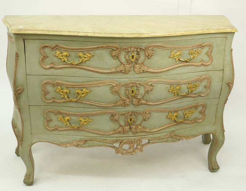 Pair of Louis XV Style Bronze Mounted Hand Painted Bombe 3 Drawer Commodes. Mid 20th century