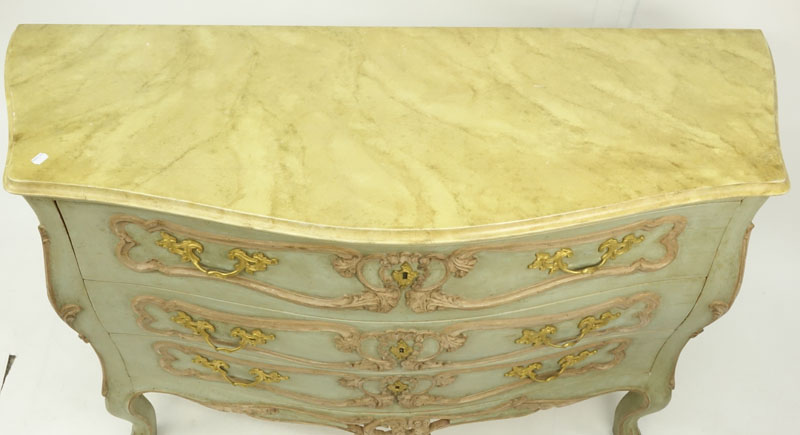 Pair of Louis XV Style Bronze Mounted Hand Painted Bombe 3 Drawer Commodes. Mid 20th century