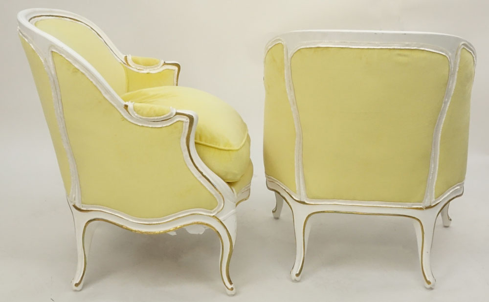 19/20th Century French Louis XV Style Jaune (yellow) Velvet Upholstered Bergeres