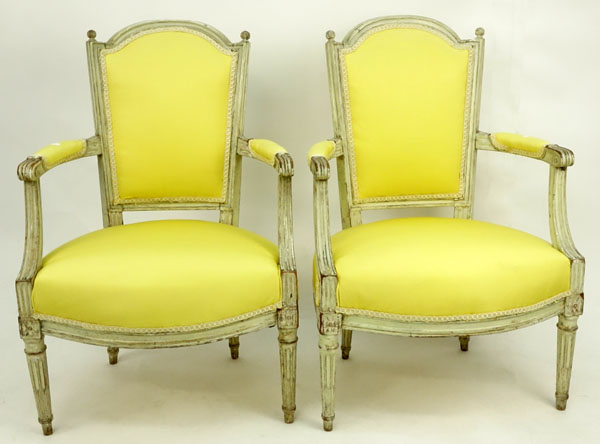 Pair of Late 18th Century Louis XVI Juane (yellow) Silk Upholstered Cabriolet Fauteuils