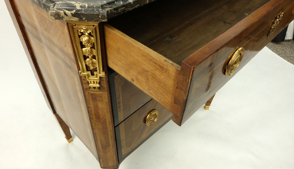 Jacques-Laurent Cosson (1737-1812) Louis XVI Marquetry Inlaid Gilt Bronze Mounted Marble Top Commode