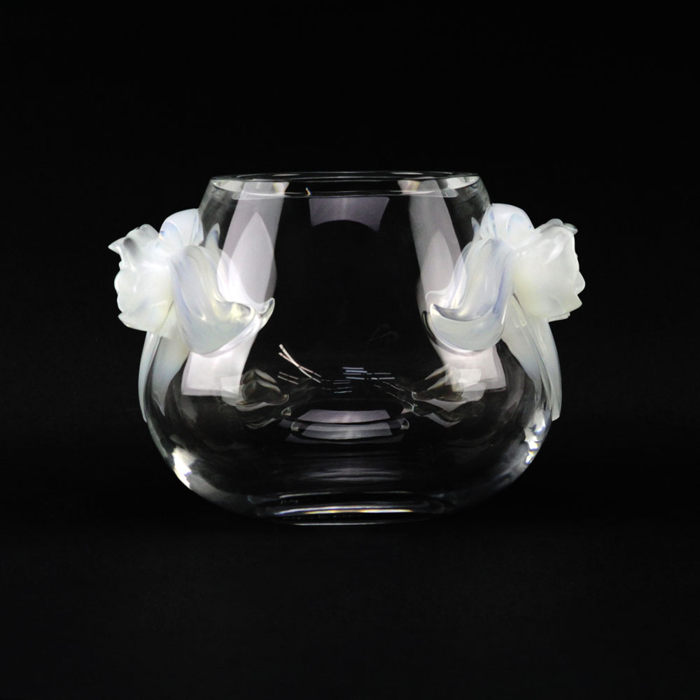 Lalique France "Orchidee" Crystal Vase with Opalescent Mock Flower Handles.