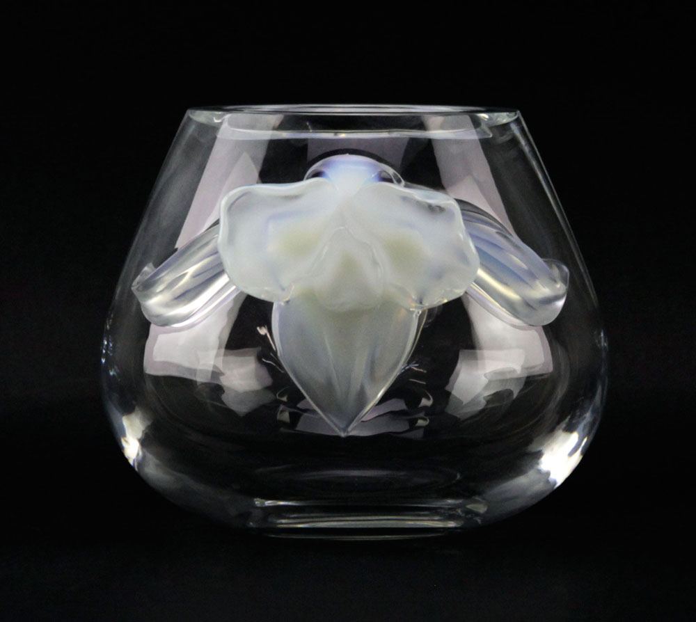 Lalique France "Orchidee" Crystal Vase with Opalescent Mock Flower Handles.