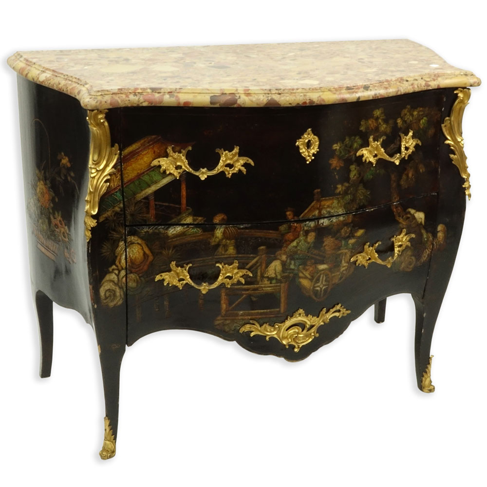 19th Century Louis XV  Bronze Mounted Lacquered Two Drawer Marble Top Commode.