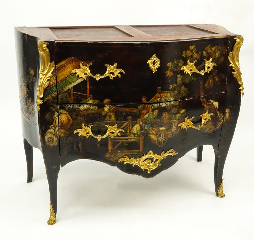 19th Century Louis XV  Bronze Mounted Lacquered Two Drawer Marble Top Commode.