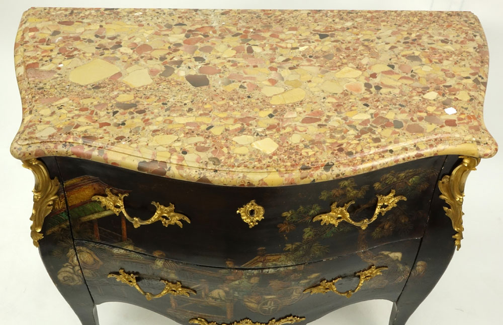 19th Century Louis XV  Bronze Mounted Lacquered Two Drawer Marble Top Commode.