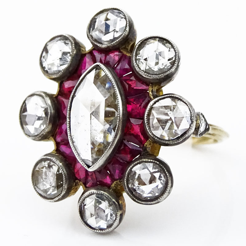 Antique Approx. 3.50 Carat Rose Cut Diamond, 2.0 Carat Calibre Cut Rubies and 18 Karat Yellow Gold Ring. 