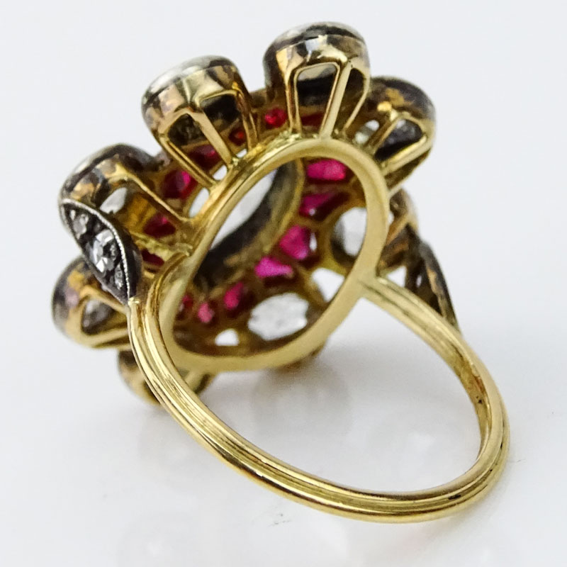 Antique Approx. 3.50 Carat Rose Cut Diamond, 2.0 Carat Calibre Cut Rubies and 18 Karat Yellow Gold Ring. 