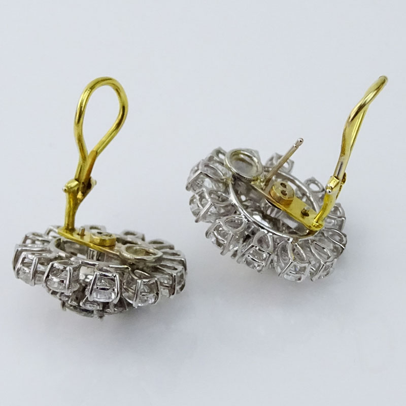 Exceptional Quality Pair of Approx. 16.40 Carat TW Round Brilliant and Pear Shape Diamond, Platinum and 18 Karat Yellow Gold Earrings