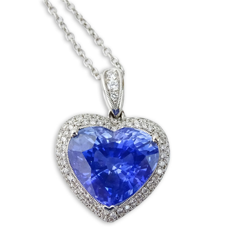 C. Dunaigre, Switzerland Certified Approx. 9.15 Carat Heart Shape Ceylon Sapphire, Diamond and 18 Karat White Gold Pendant Necklace