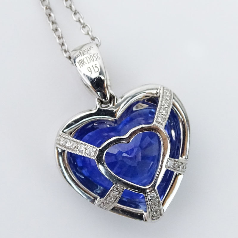 C. Dunaigre, Switzerland Certified Approx. 9.15 Carat Heart Shape Ceylon Sapphire, Diamond and 18 Karat White Gold Pendant Necklace