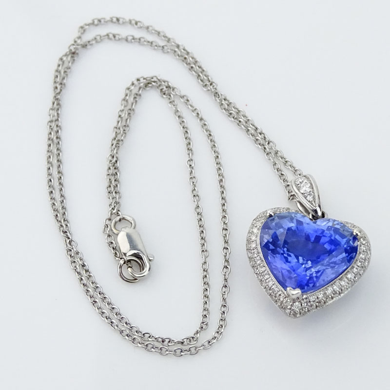 C. Dunaigre, Switzerland Certified Approx. 9.15 Carat Heart Shape Ceylon Sapphire, Diamond and 18 Karat White Gold Pendant Necklace