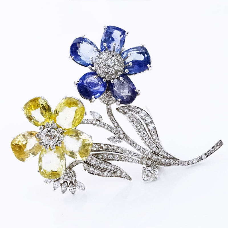 Art Deco Approx. Approx. 7.25 Carat Old European  and Single Cut Diamond, 35.0 Carat Oval Cut Blue and Yellow Sapphire and Platinum Flower Brooch