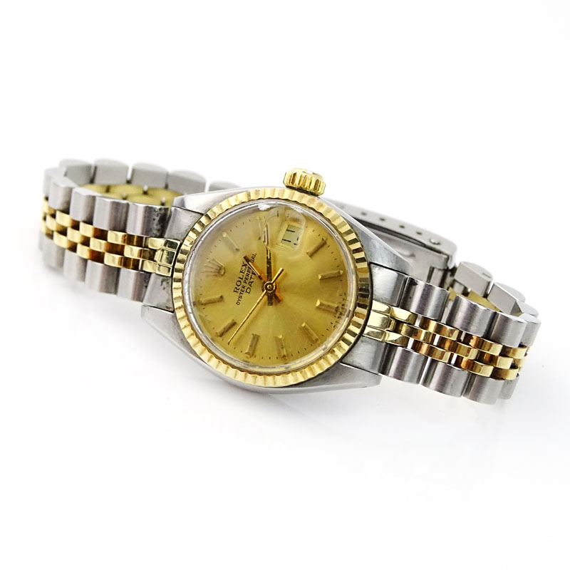 Lady's Circa 1979 Rolex Oyster Perpetual Date Stainless Steel and 14 Karat Yellow Gold Watch