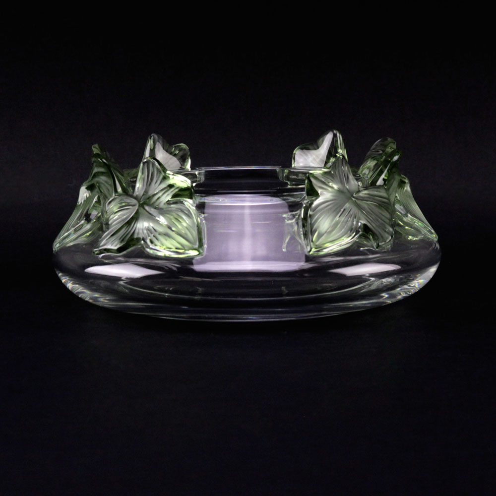 Lalique France "Lierre" Crystal Vase with Mock Green Tinted Leaves. 