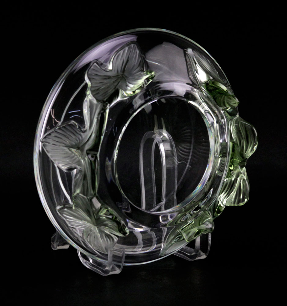 Lalique France "Lierre" Crystal Vase with Mock Green Tinted Leaves. 