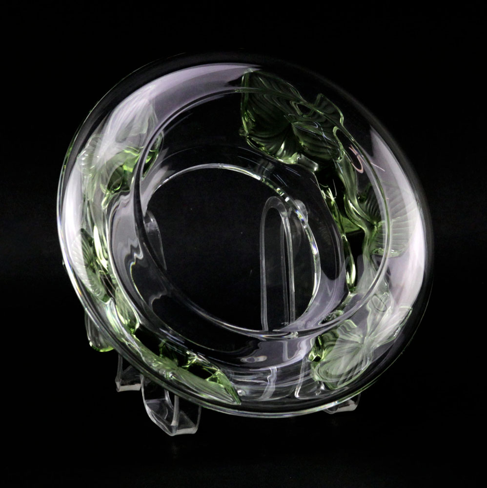 Lalique France "Lierre" Crystal Vase with Mock Green Tinted Leaves. 