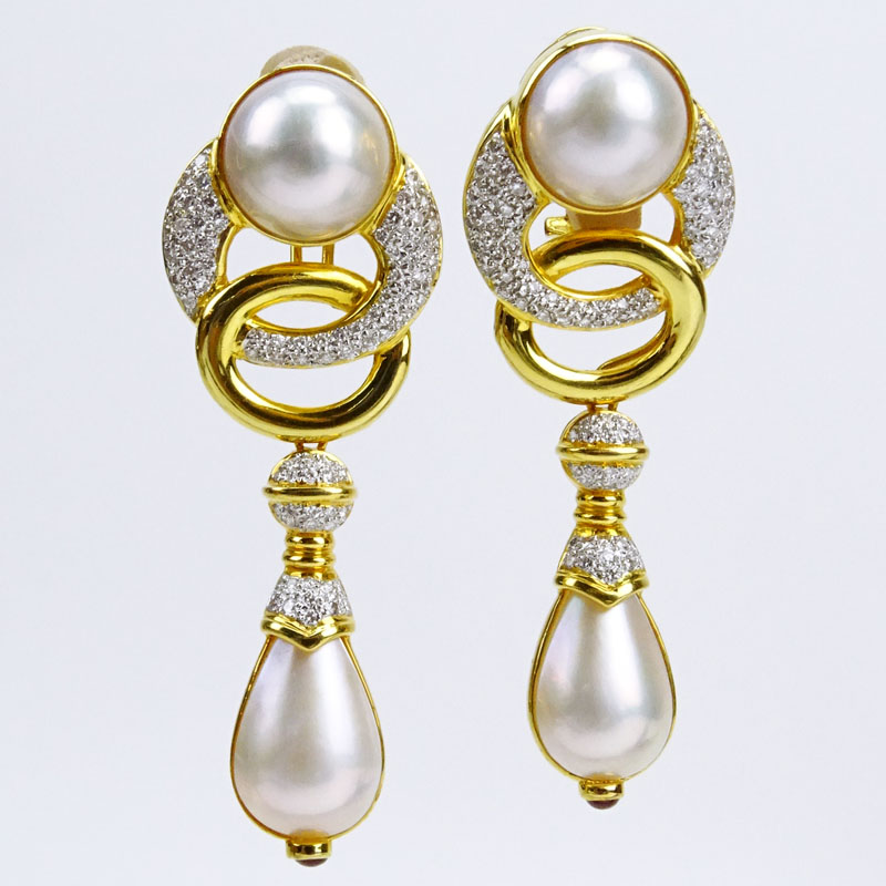 4.50 Carat Pave Set Round Brilliant Cut Diamond, Mabe Pearl and 14 Karat Yellow Gold Detachable Pendant Earrings.