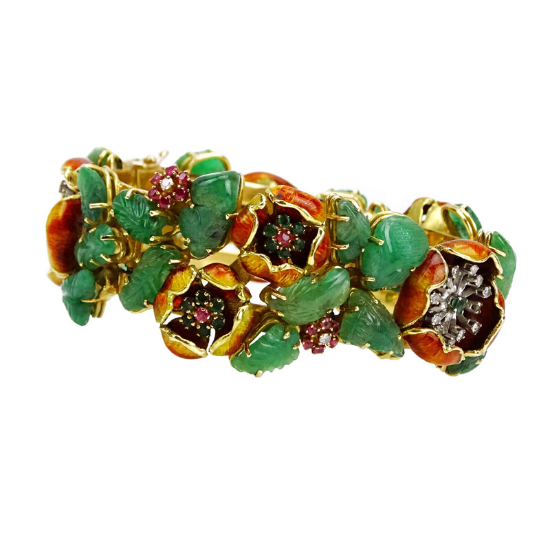 Vintage Carved Emerald, Diamond, Ruby, Emerald, Enamel and Heavy 18 Karat Yellow Gold Bracelet