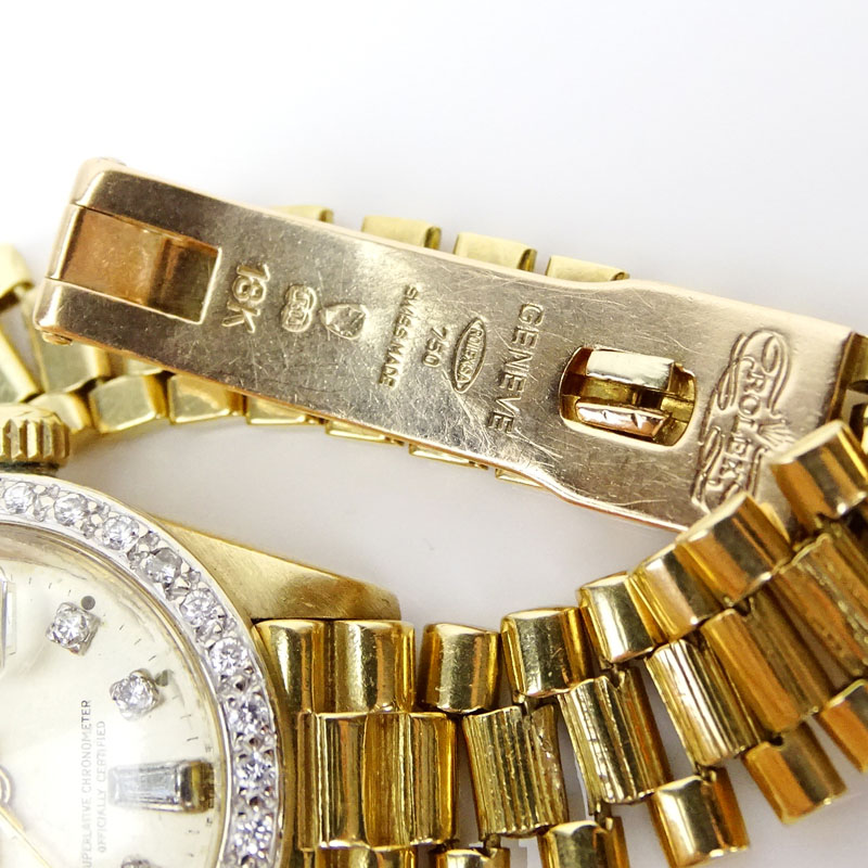 Lady's Vintage Rolex 18 Karat Yellow Gold Oyster Perpetual Datejust with Diamond Bezel and Hour Markers