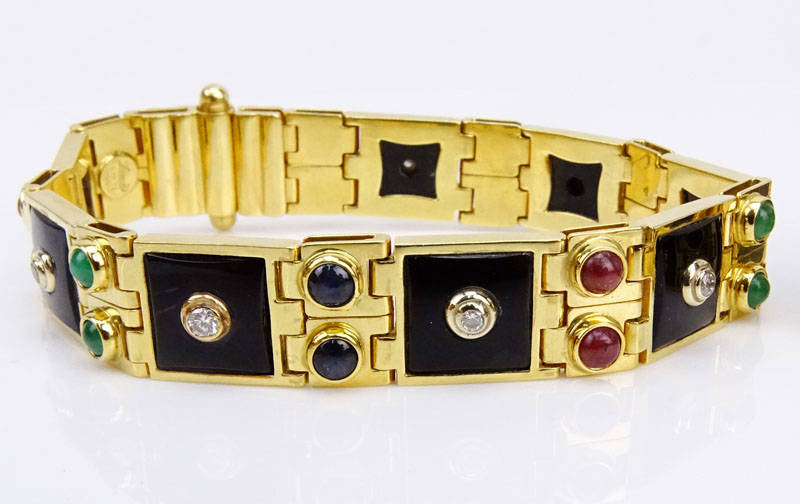 Pair of Lady's Vintage Italian Zancan 18 Karat Yellow Gold, Diamond, Sapphire, Emerald, Ruby and Black Onyx Bracelets