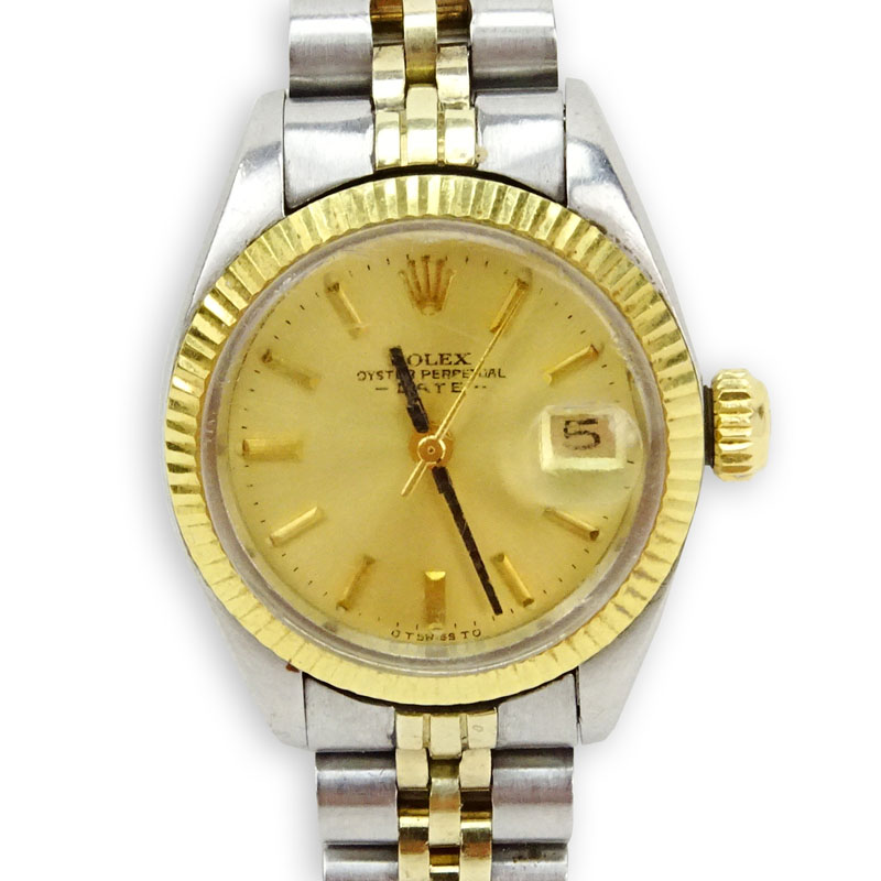 Lady's Vintage Rolex Oyster Perpetual Date Stainless Steel and 14 Karat Yellow Gold Bracelet Watch