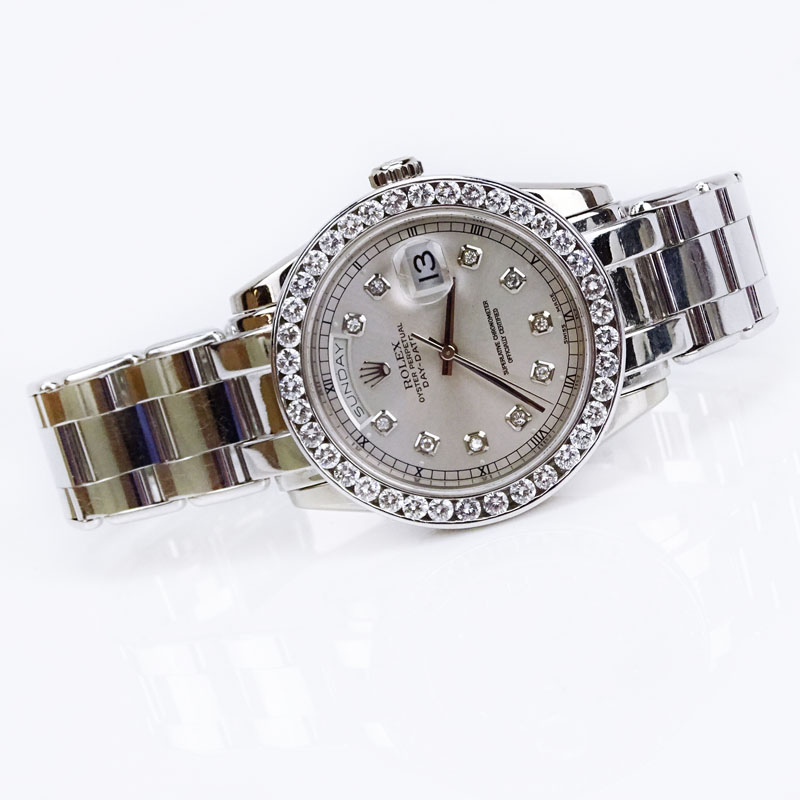 Men's 18 Karat White Gold Rolex Oyster Perpetual Day- Date with Diamond Bezel and Hour Markers