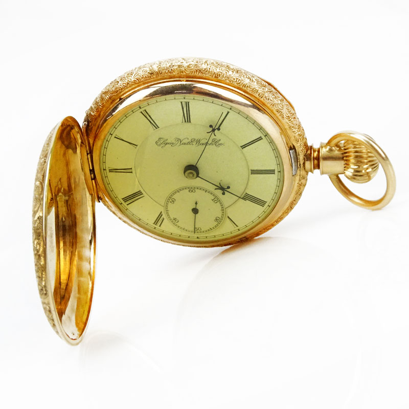 Antique Elgin Natl, Watch Co. 14 Karat Rose Gold Pocket Watch with Chased Case.