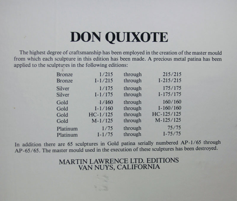 Salvador Dali Bas Relief Limited Edition Sculpture "Don Quixote"  Bronze patina