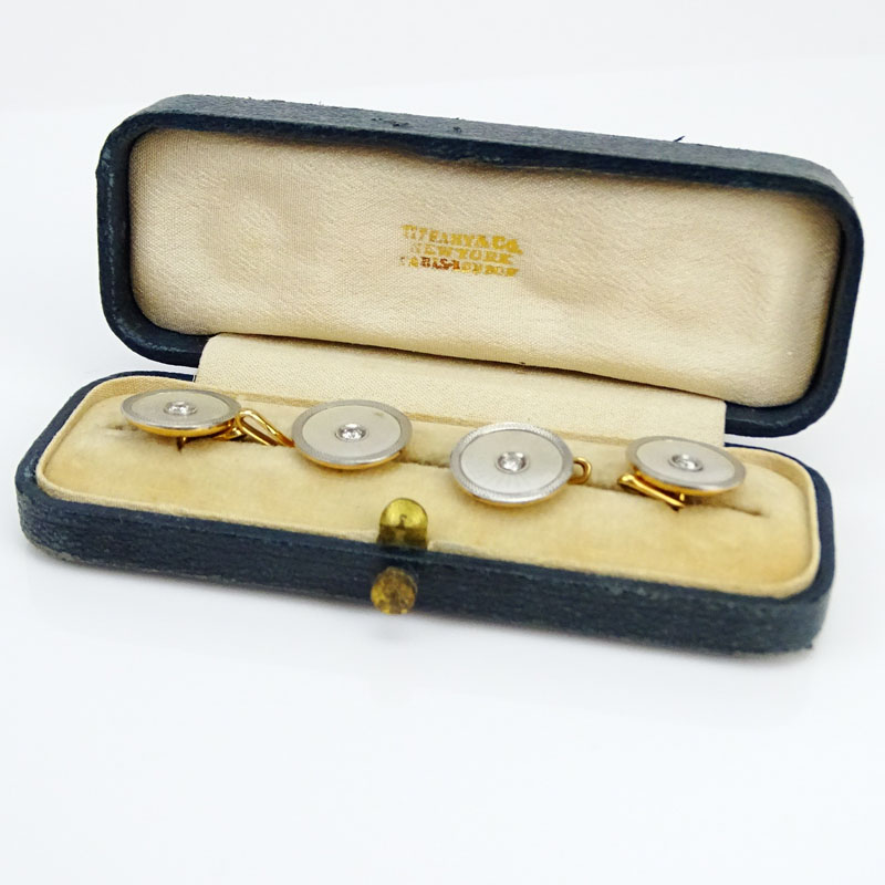 Man's Vintage Diamond, Platinum, Mother of Pearl and 14 Karat Yellow Gold Dress Shirt Studs in Tiffany & Co Box