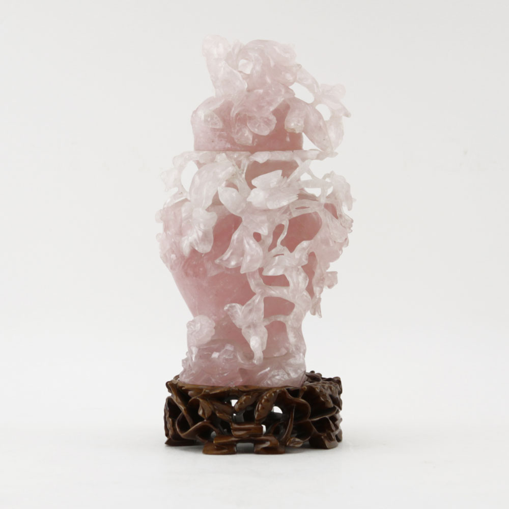 Chinese Carved Rose Quartz Covered Censer on Wooden Stand