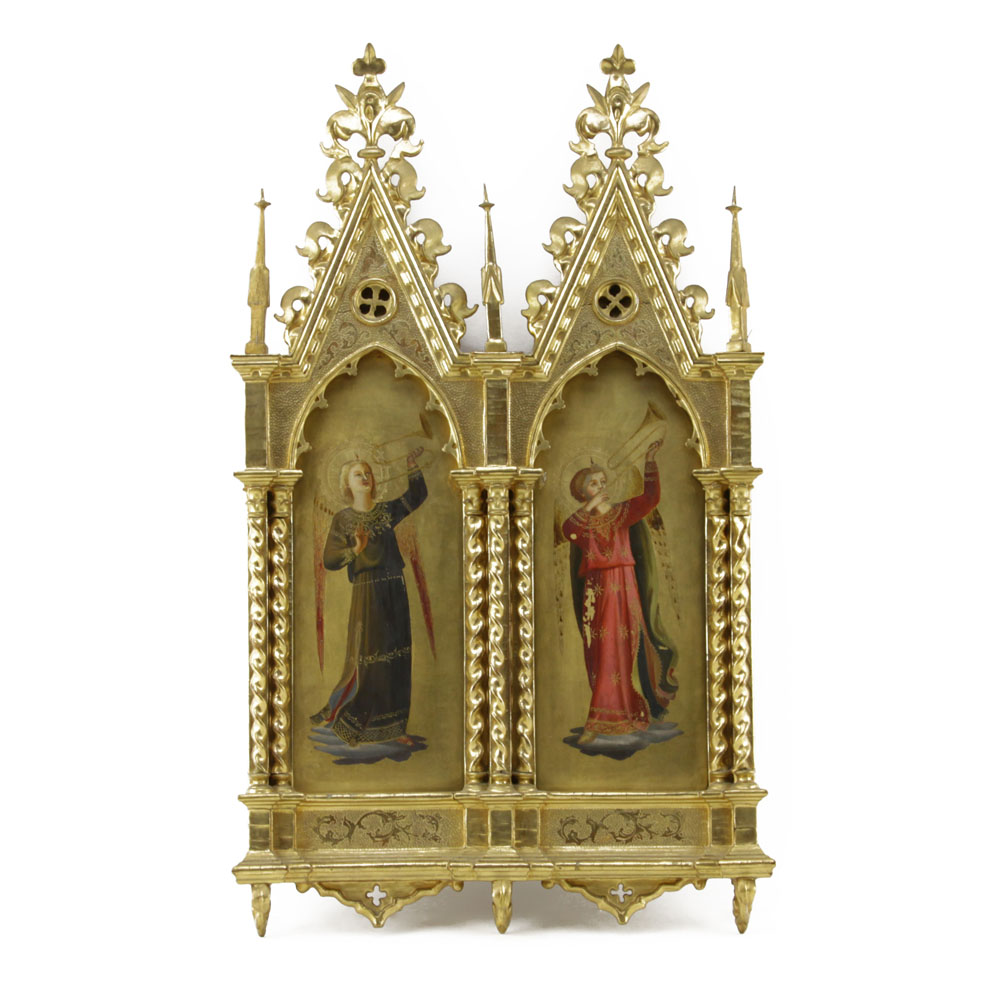 19th Century Italian School Hand Painted Religious Icons in Giltwood Gothic style Architectural Frame