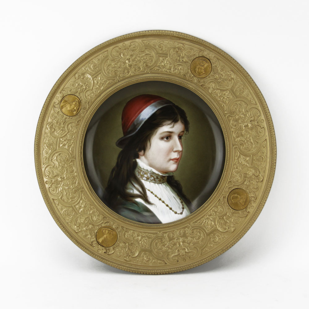 19th Century German Hand Painted Porcelain Portrait Charger Mounted in Gilt Metal/Brass Frame