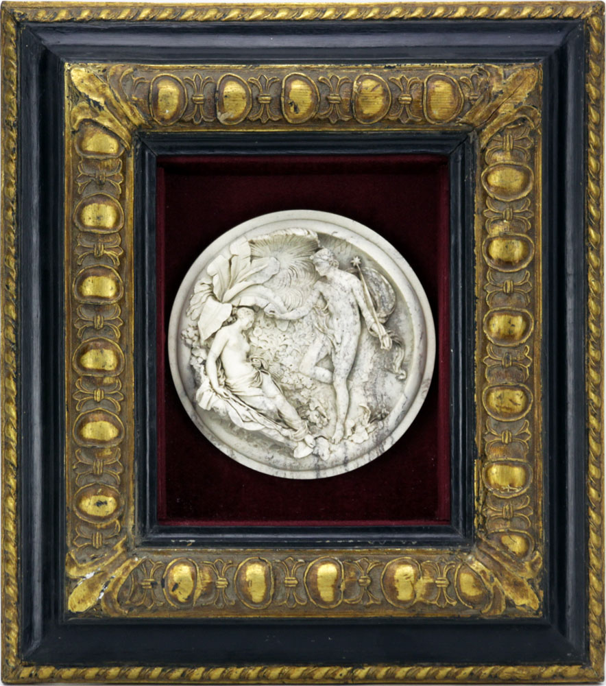 Antique Neoclassical Style Marble "Dionysus finding Ariadne" High Relief Carving in Shadowbox Frame