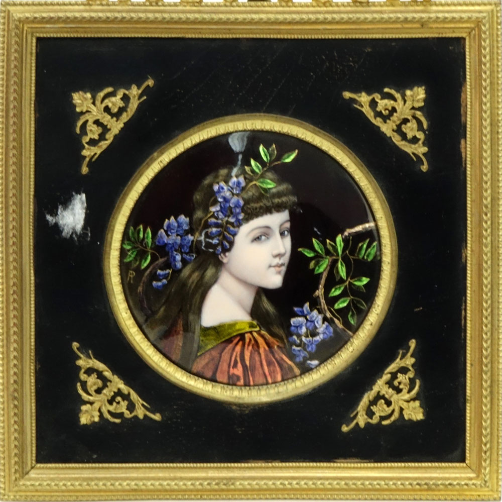 Antique French Enamel on Copper Miniature Portrait in Gilt Metal Frame