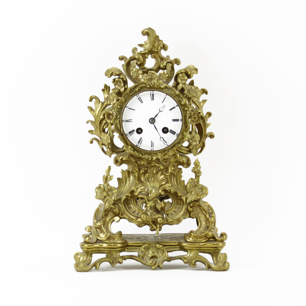 19/20th Century French Desorcy a Paris Rococo style Gilt Bronze Bracket Clock with Porcelain Dial and Figure of Pan to base