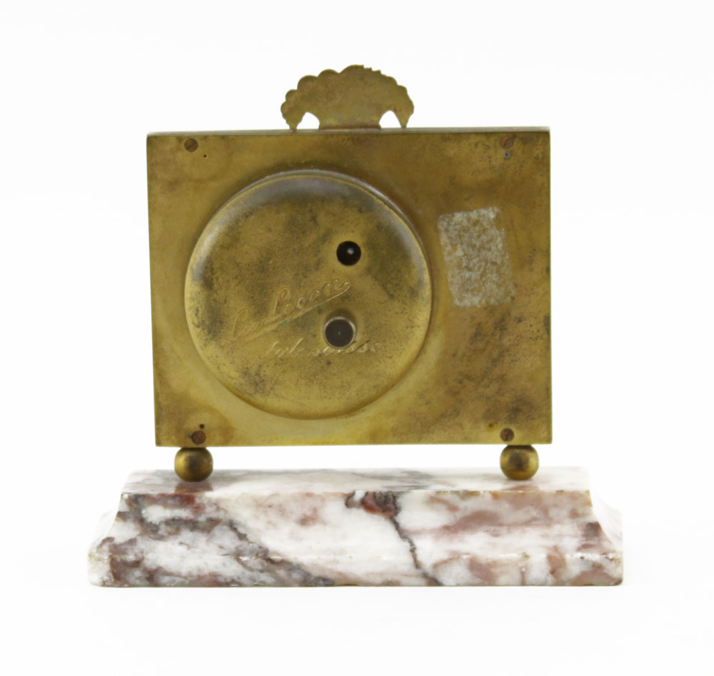 Early 20th Century Swiss La Lecon Gilt Bronze Mounted Clock on Marble Base with Painted Miniature