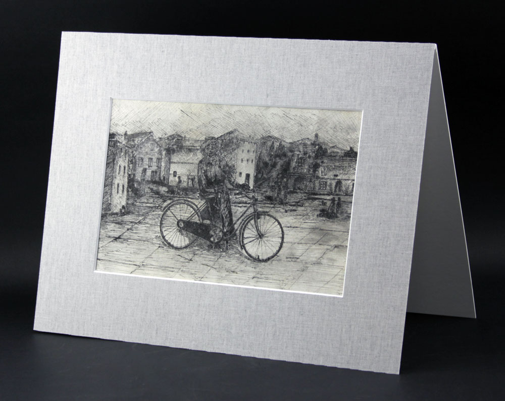 Vintage European School Etching "Man with Bike/Street Scene" Unsigned