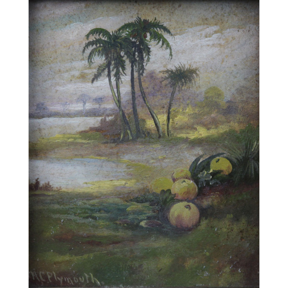 Late 19th Century Oil on Paper Tropical Landscape Scene Signed H.C. Plymouth Lower Right.