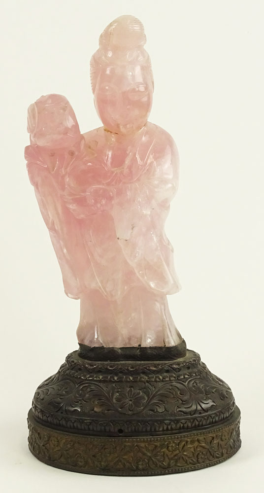 Antique Chinese Carved Rose Quartz Figurine on Brass Base