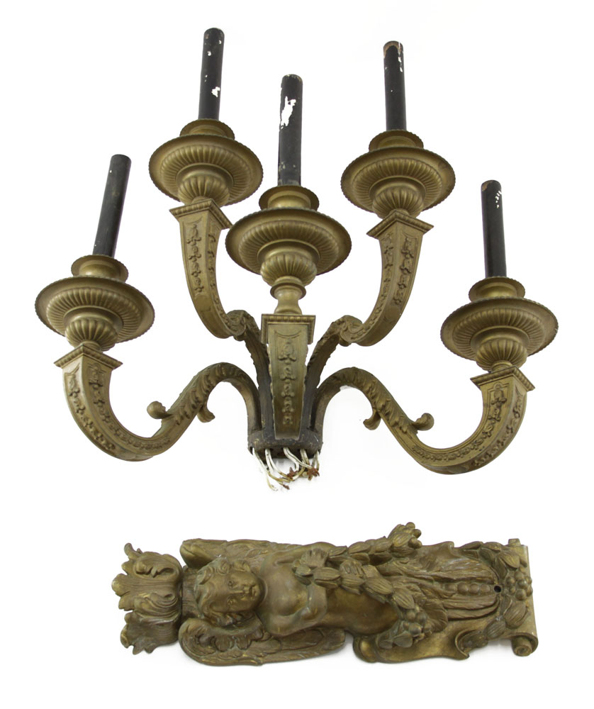 Large and Heavy Pair of Early 20th Century Cast Bronze Five (5) Light Wall Sconces with Figural Cherub Bracket Base