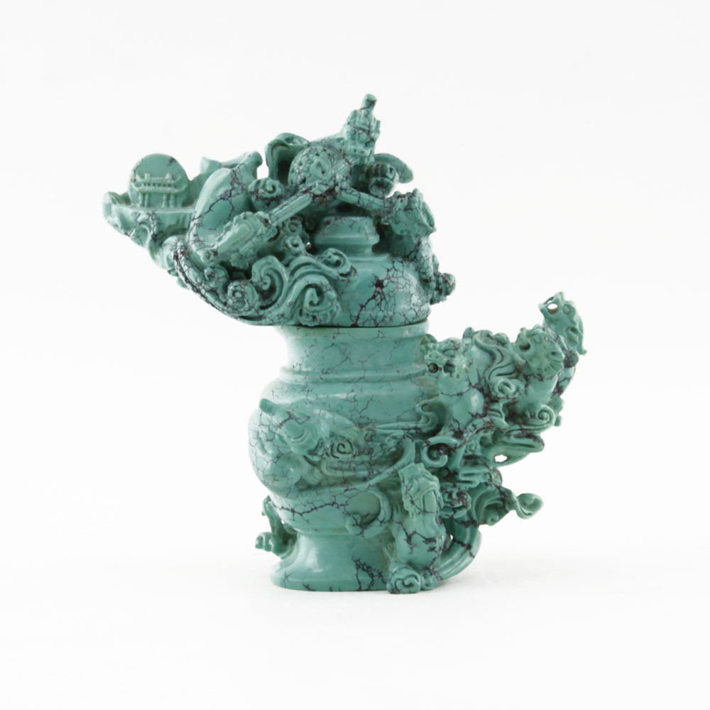 Chinese Hand Carved Turquoise High Relief Dragons Covered Censer