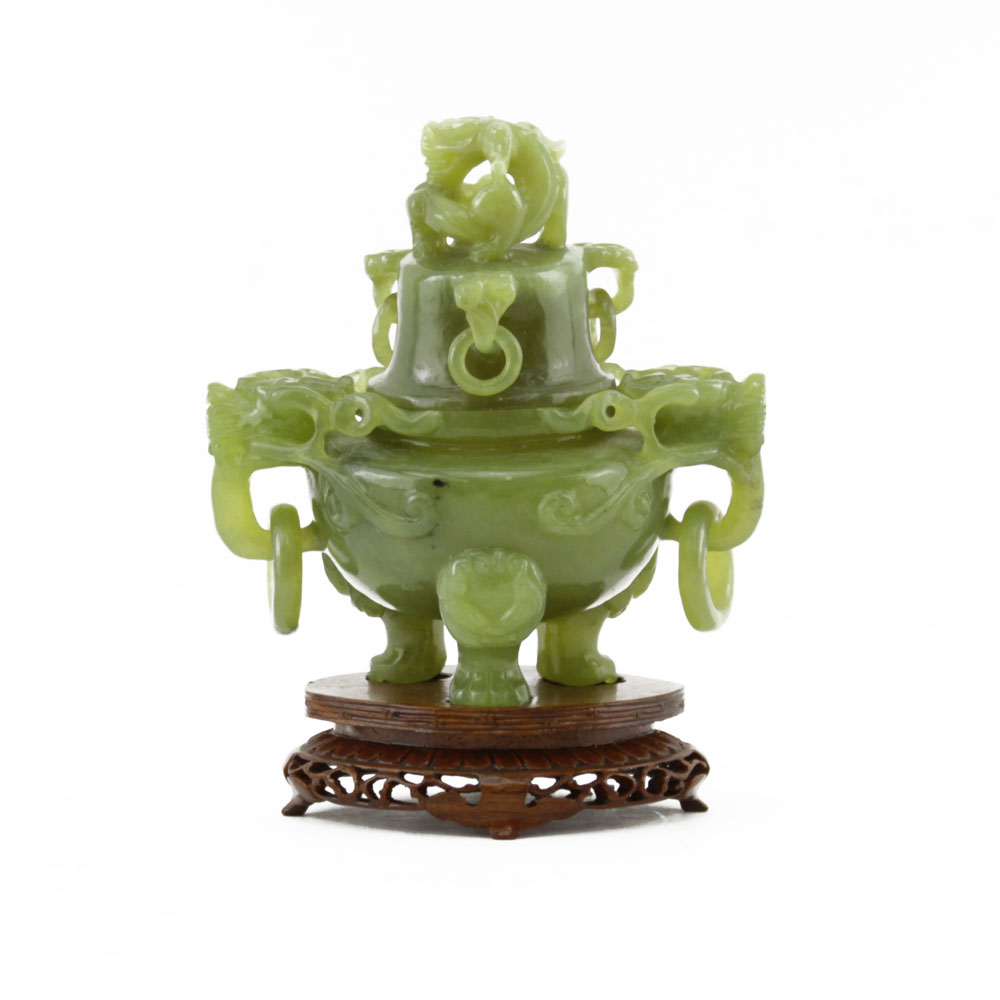 20th Century Chinese Carved Jade Covered Censer on Wooden Stand