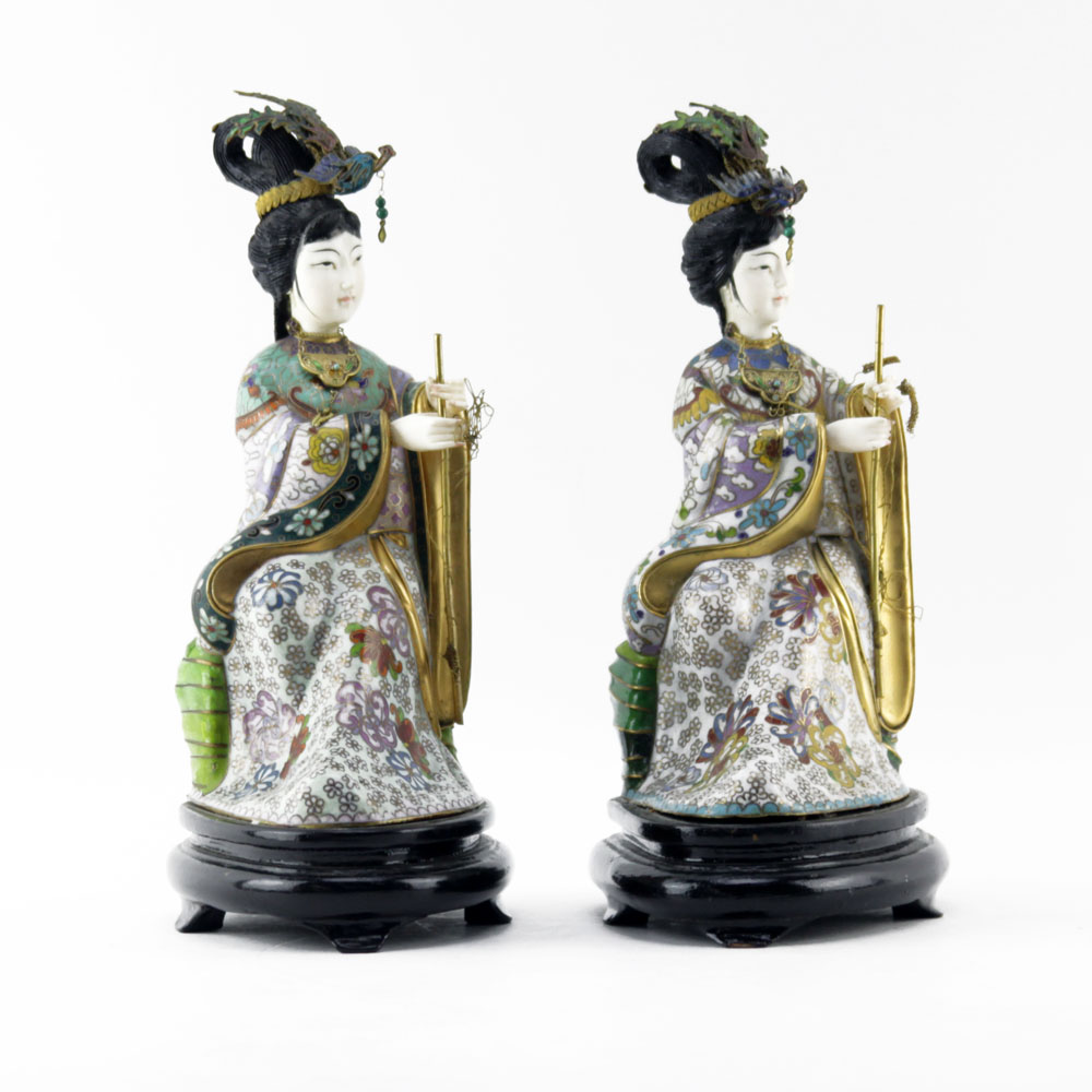 Pair of 20th Century Japanese Cloisonné and Ivory Geisha Figurines on Wooden Base